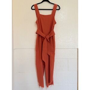 Lucca Jumpsuit Womens M Orange‎ Cotton Hemp Square Neck Belted Raw Hem Boho